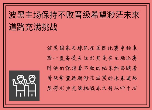 波黑主场保持不败晋级希望渺茫未来道路充满挑战