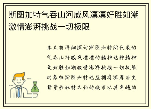 斯图加特气吞山河威风凛凛好胜如潮激情澎湃挑战一切极限