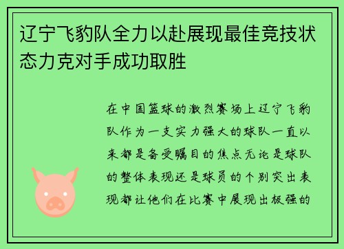 辽宁飞豹队全力以赴展现最佳竞技状态力克对手成功取胜
