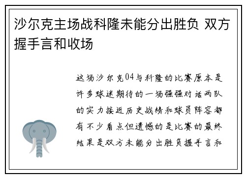 沙尔克主场战科隆未能分出胜负 双方握手言和收场
